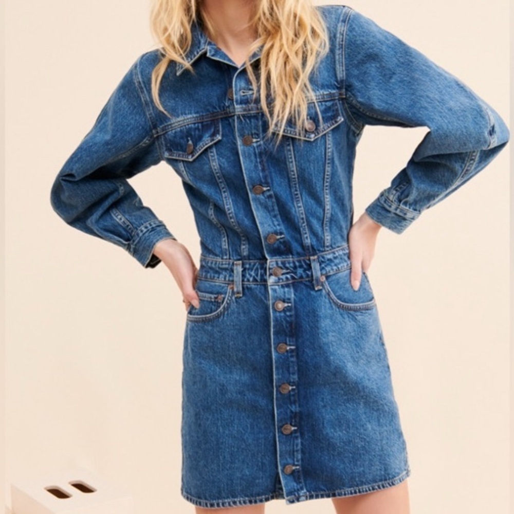 NWT AGOLDE x ANTHROPOLOGIE Denim Mini Dress Balloon Sleeves Size 12 - Picture 5 of 11